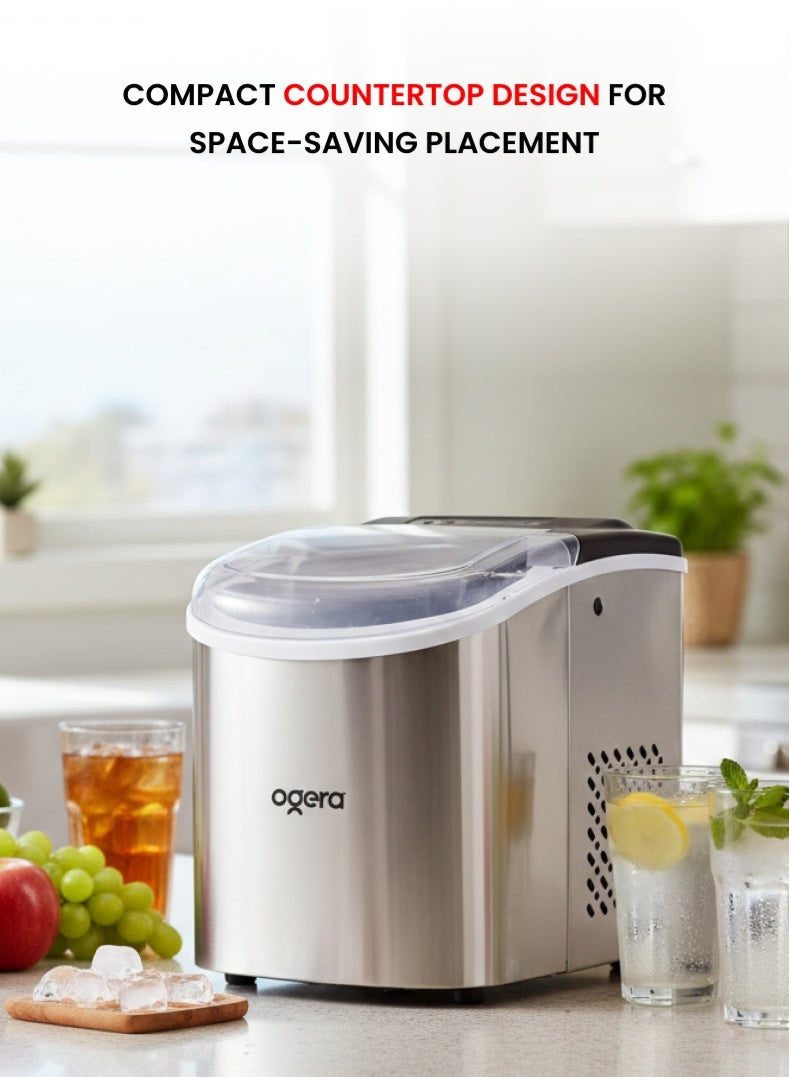 Ogera Countertop Ice Maker 12KG/24H, Portable Ice Machine with Handle, 9 Ice Cubes in 6 Minutes, Self-Cleaning, Stainless Steel Body, Includes Scoop & Basket, Compact Ice Maker for Home Kitchen Office Majlis Party, OG140IM, 2 Year Warranty - Image 5